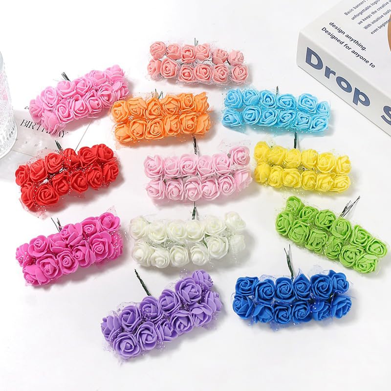 Artfen Mini Fake Rose Flower Heads 144pcs Mini Artificial Foam Roses DIY Wedding Flowers Accessories Make Bridal Hair Clips Headbands Dress (Bottom add Gauze) Royal Blue - Image 5
